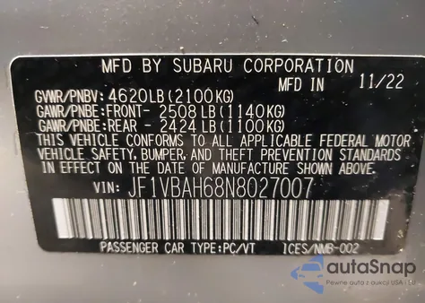 2022 Subaru Wrx Premium z USA, uszkodzony, nr VIN JF1VBAH68N8027007